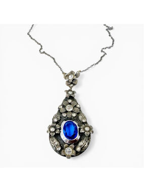 Vintage Czech Art Deco Blue Glass Pendant Necklace, Filigree Floral Rhinestone